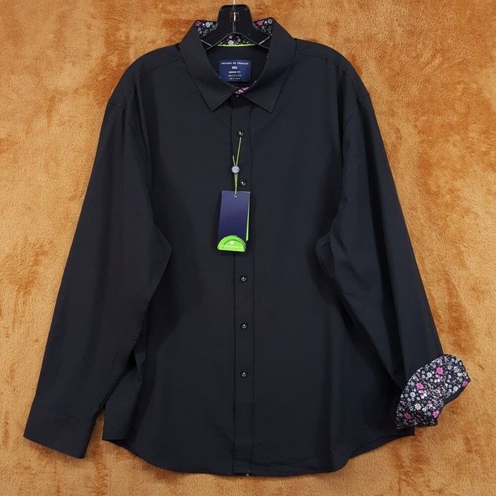 SOCIETY OF THREADS Button Shirt Mens XXL Black Performance Floral Contrast Trim